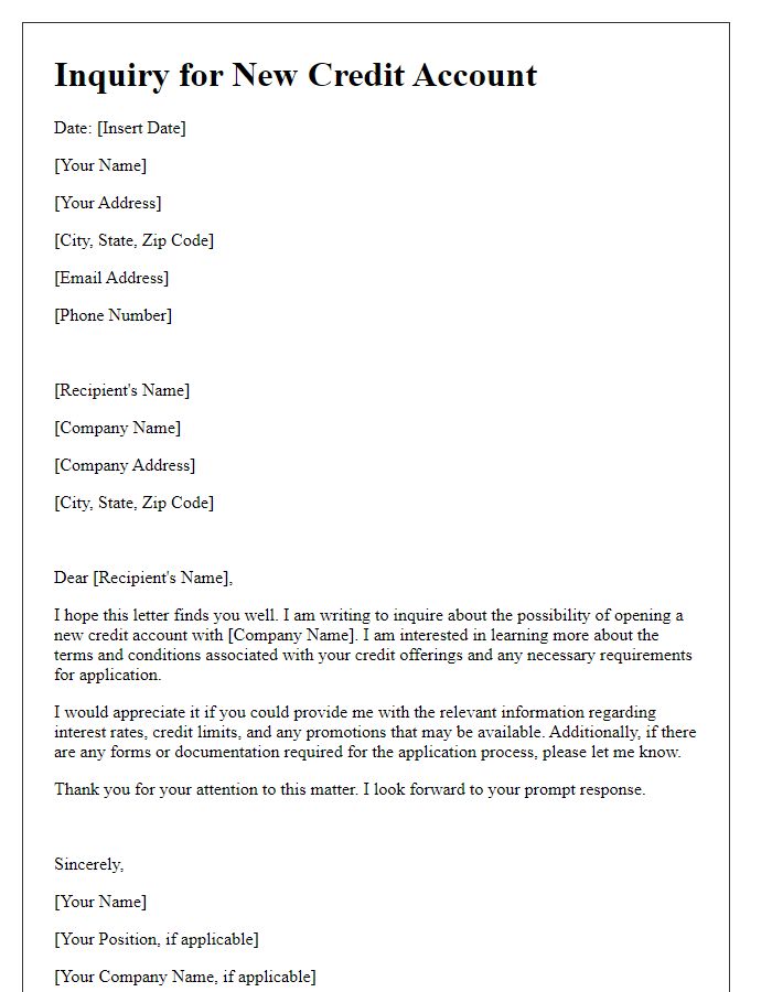 Letter template of inquiry for new credit account