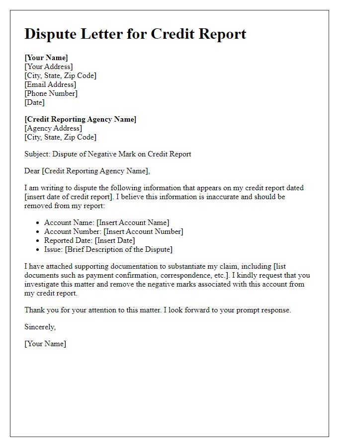 Letter template of dispute for eliminating negative marks from credit report