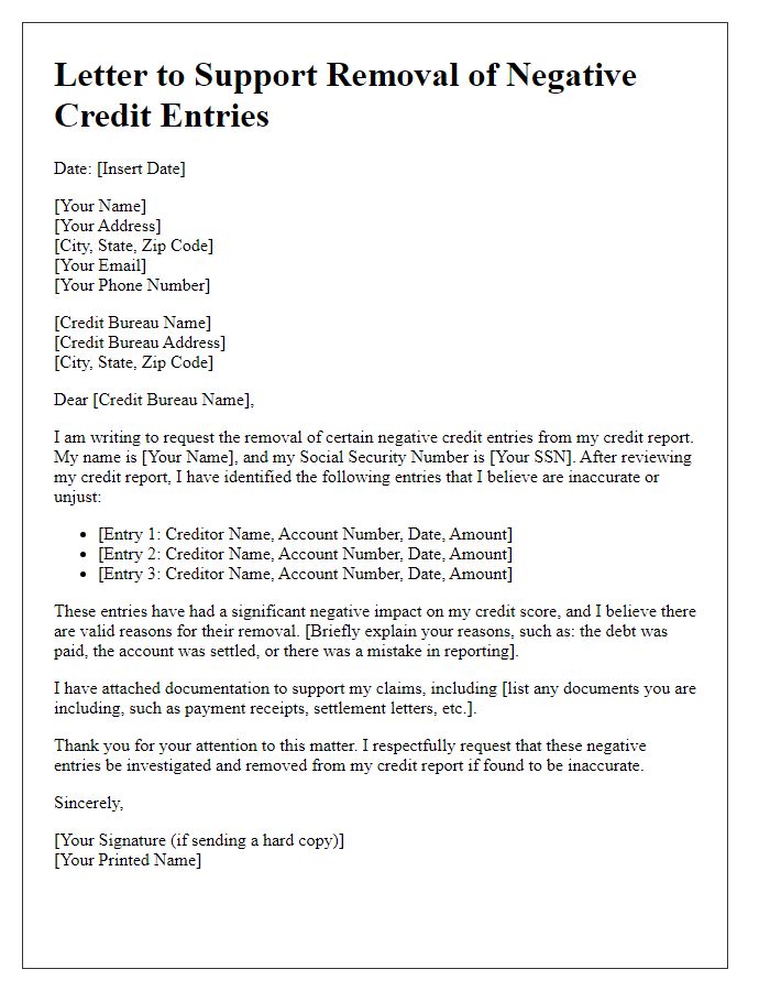 Letter template of explanation to support removal of negative credit entries