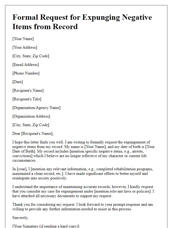 Letter template of formal request for expunging negative items from record