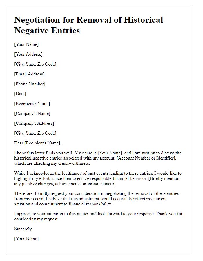 Letter template of negotiation for the removal of historical negative entries