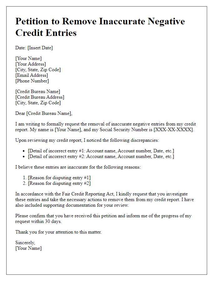 Letter template of petition to erase inaccurate negative credit entries