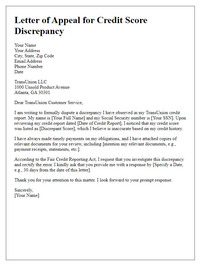 Letter template of appeal for TransUnion credit score discrepancy