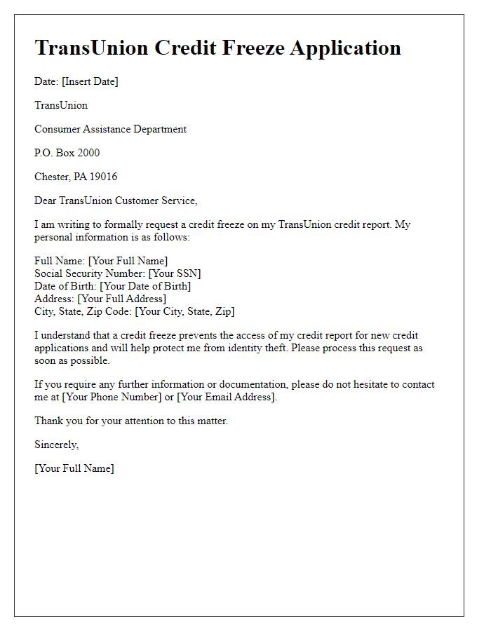 Letter template of application for TransUnion credit freeze