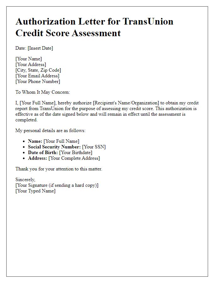 Letter template of authorization for TransUnion credit score assessment