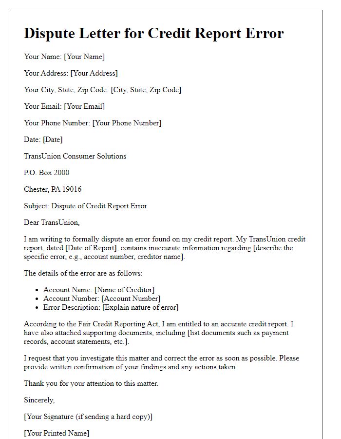 Letter template of dispute for TransUnion credit score error