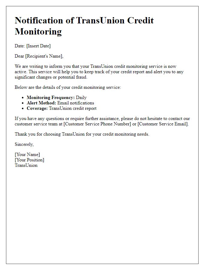 Letter template of notification for TransUnion credit monitoring