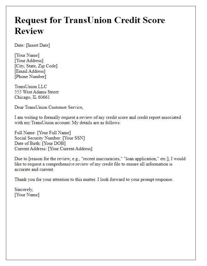 Letter template of request for TransUnion credit score review