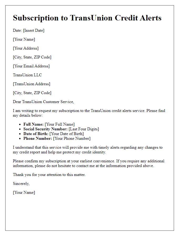 Letter template of subscription to TransUnion credit alerts