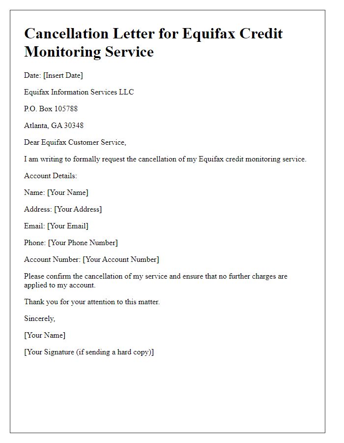 Letter template of cancellation for Equifax credit monitoring service