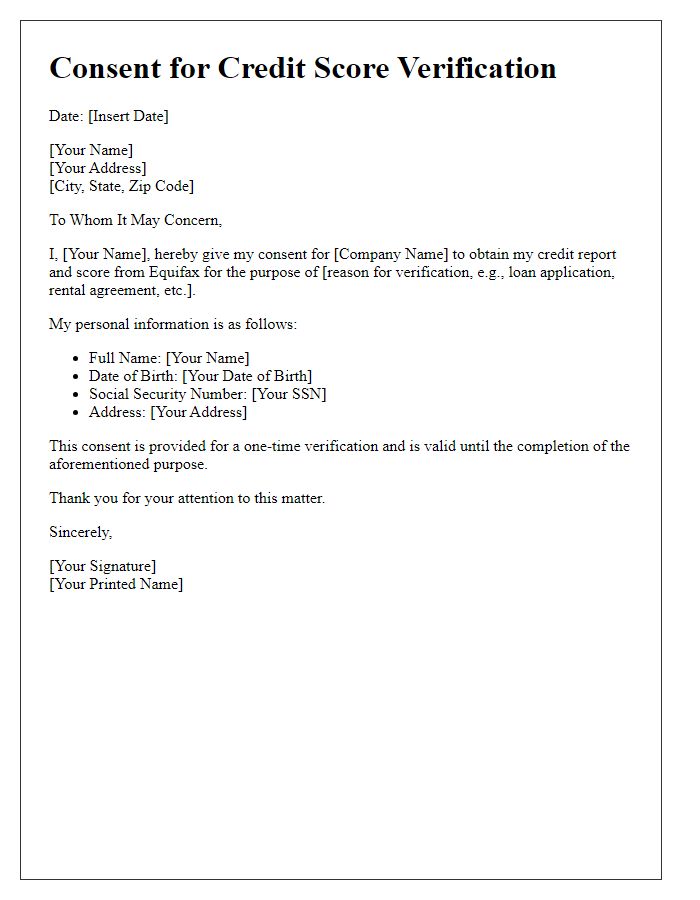 Letter template of consent for Equifax credit score verification