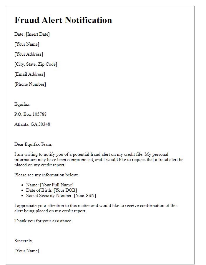 Letter template of notification for Equifax fraud alert