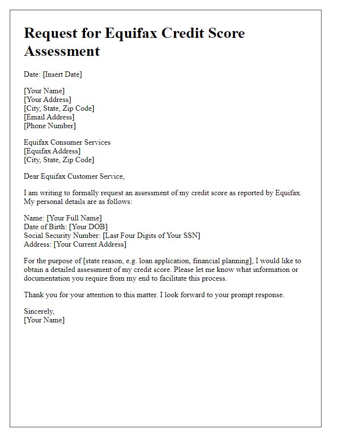 Letter template of request for Equifax credit score assessment