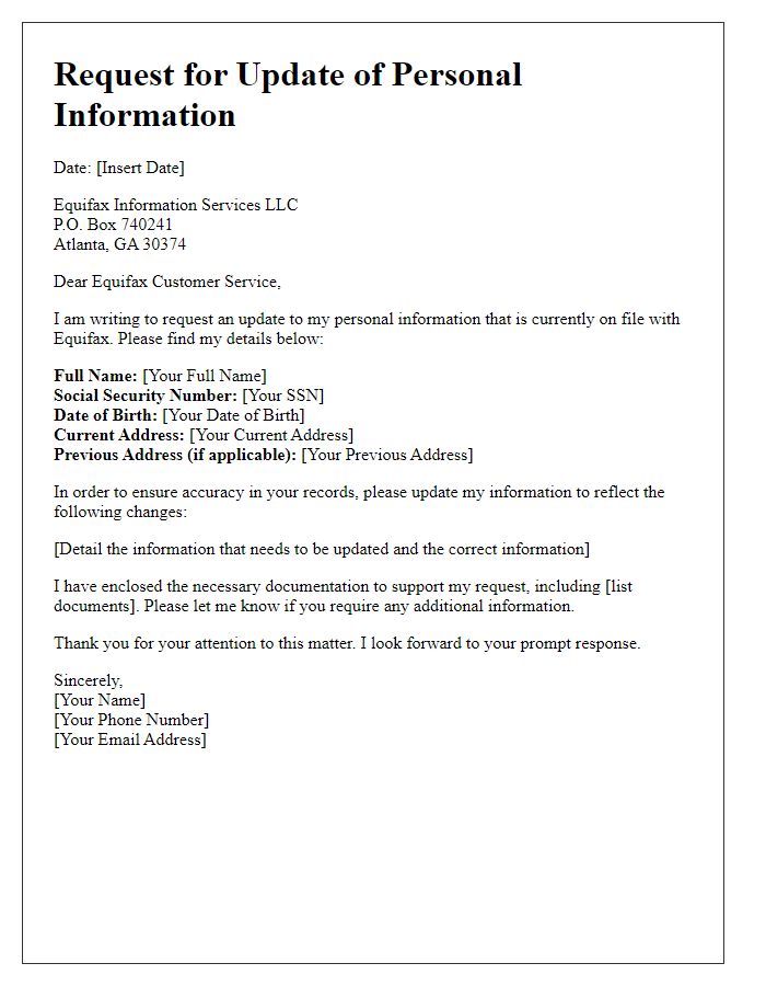 Letter template of update request for Equifax personal information