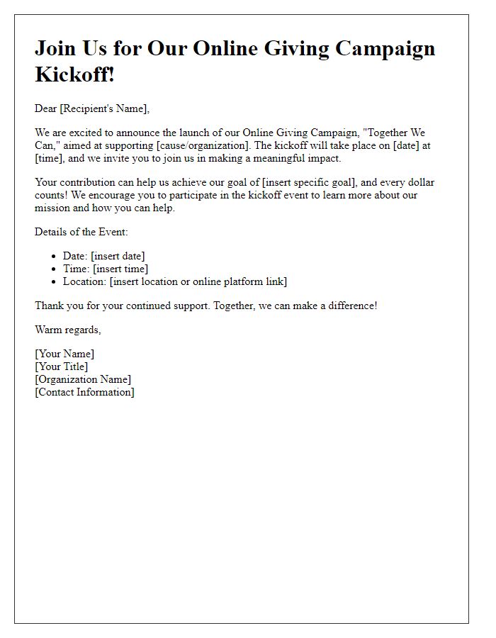 Letter template of online giving campaign kickoff