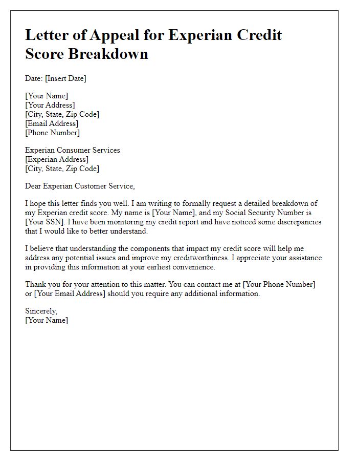 Letter template of appeal for Experian credit score breakdown