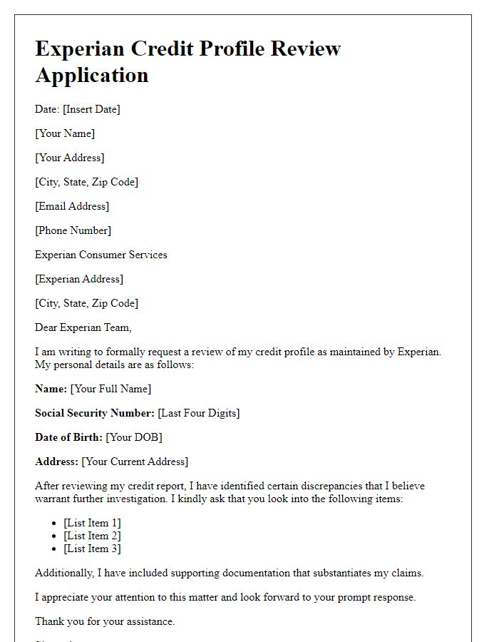 Letter template of application for Experian credit profile review