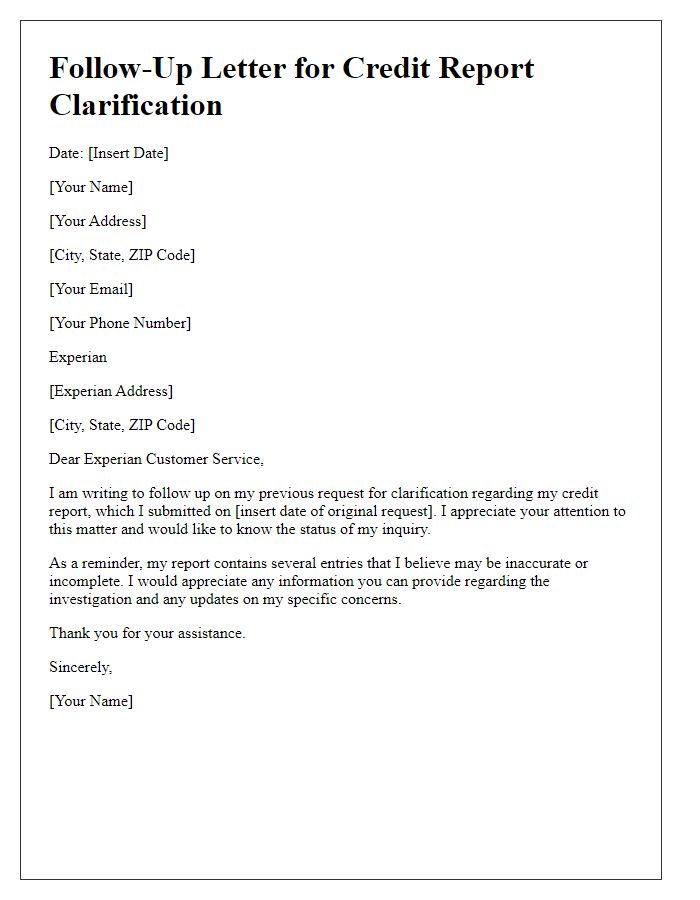 Letter template of follow-up for Experian credit report clarification