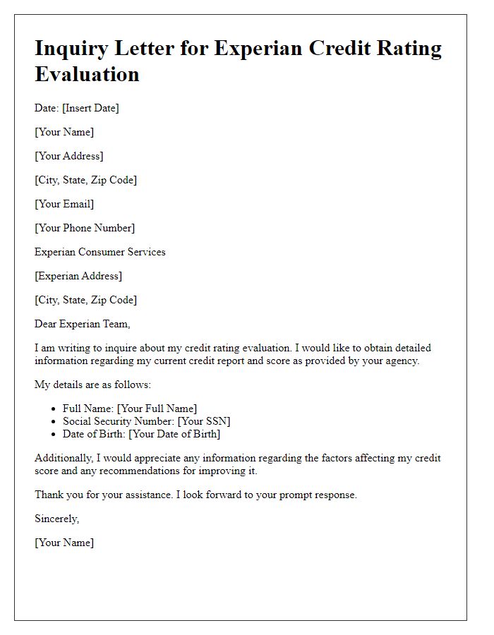 Letter template of inquiry for Experian credit rating evaluation