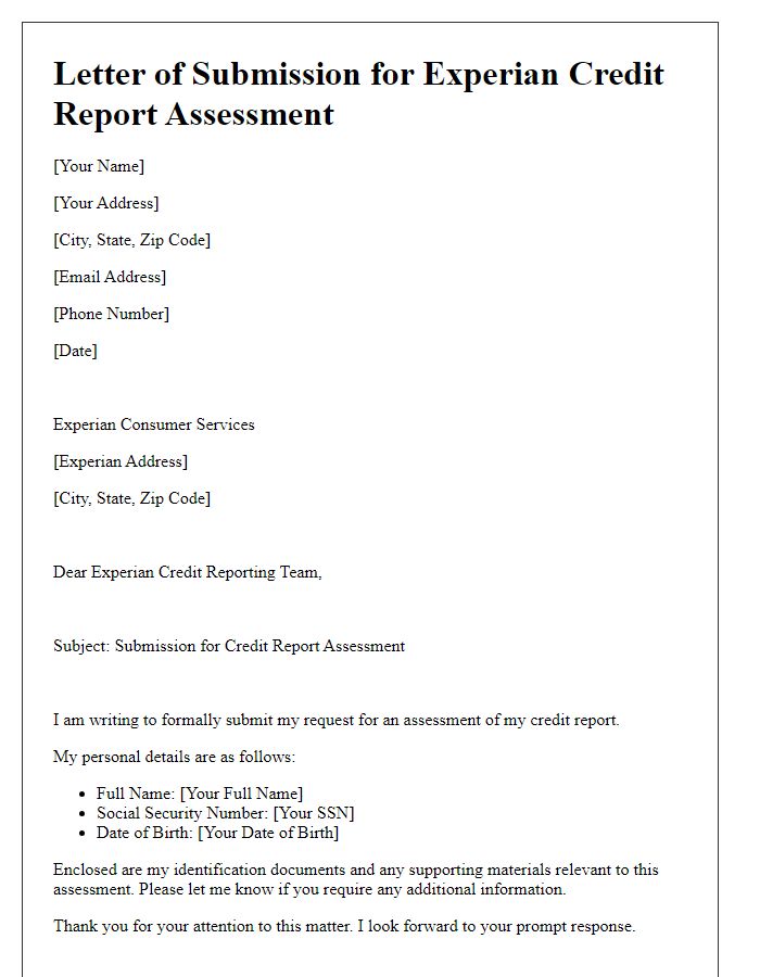 Letter template of submission for Experian credit report assessment