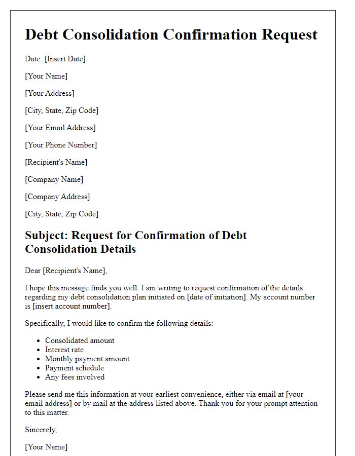 Letter template of confirmation request for debt consolidation details