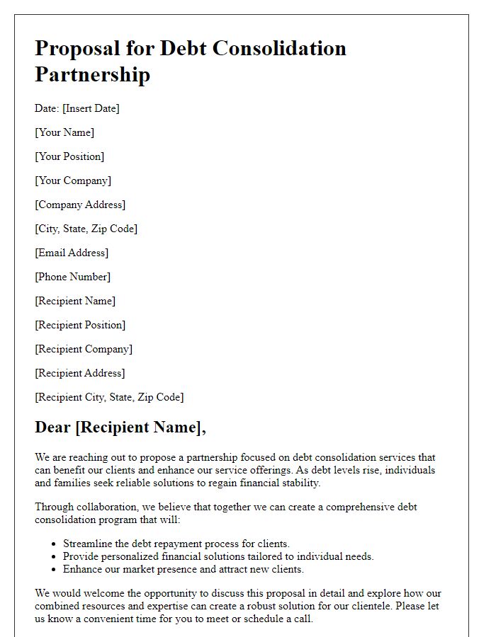 Letter template of proposal for debt consolidation partnership