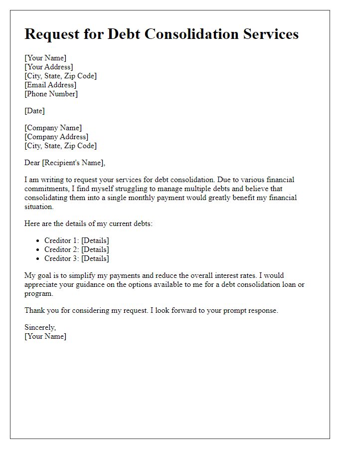 Letter template of request for debt consolidation services