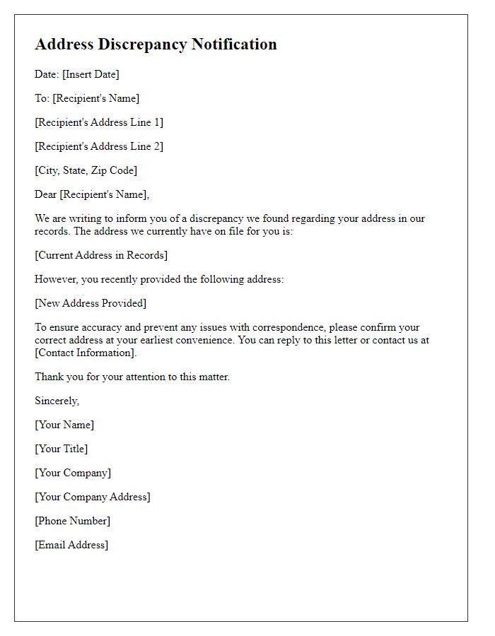 Letter template of address discrepancy notification