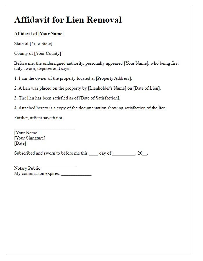 Letter template of affidavit for lien removal