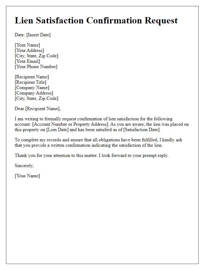 Letter template of lien satisfaction confirmation request