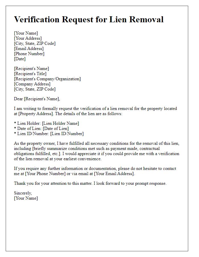 Letter template of verification request for lien removal