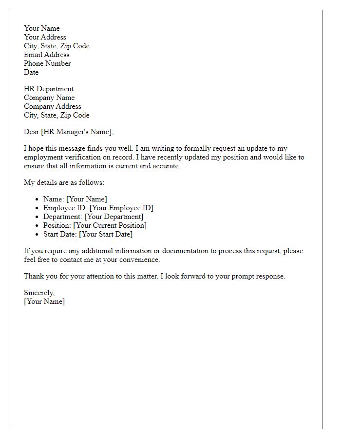 Letter template of employment verification update request