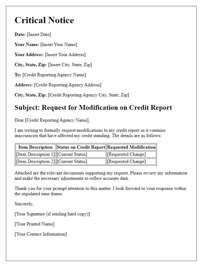 Letter template of critical notice for credit report modifications