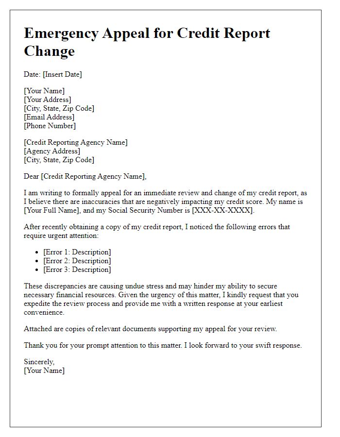 Letter template of emergency appeal for credit report change