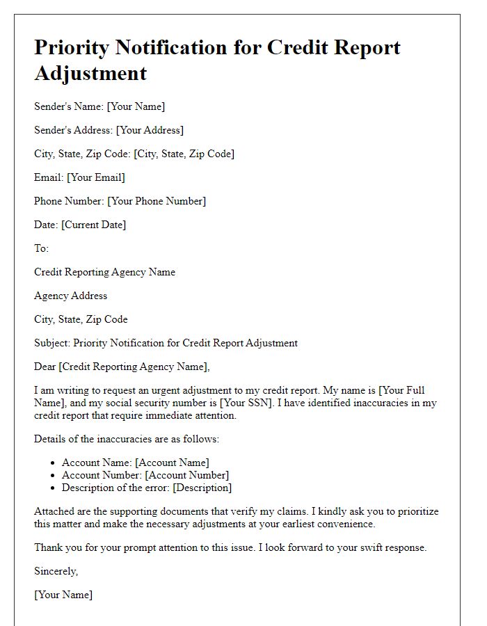 Letter template of priority notification for credit report adjustment