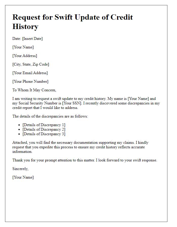 Letter template of swift update request for credit history