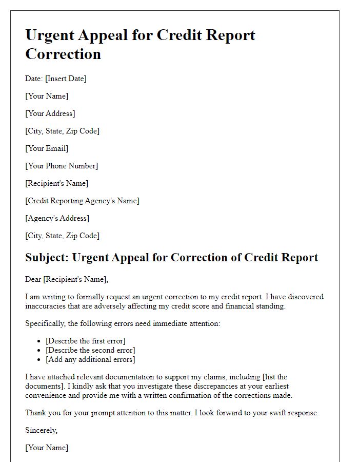 Letter template of urgent appeal for credit report correction