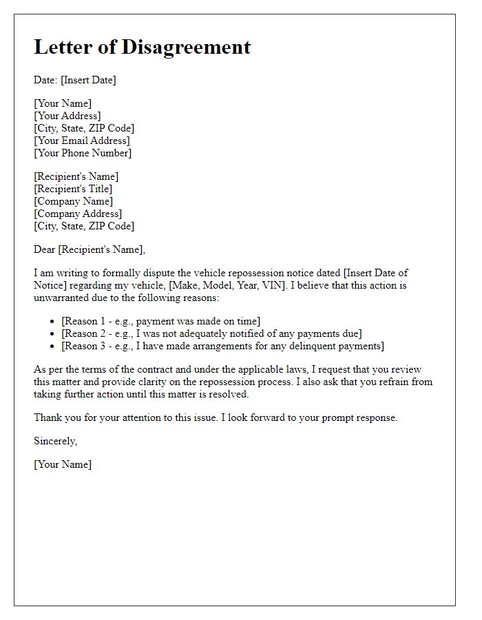 Letter template of disagreement regarding vehicle repossession notice