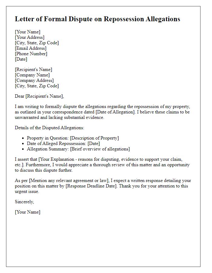 Letter template of formal dispute on repossession allegations