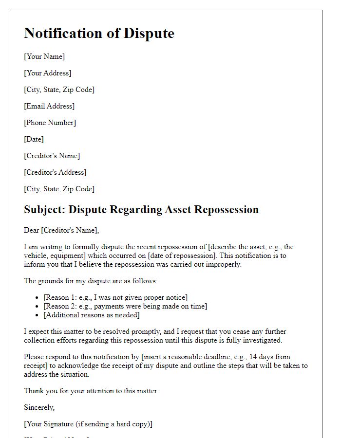 Letter template of notification of dispute regarding asset repossession