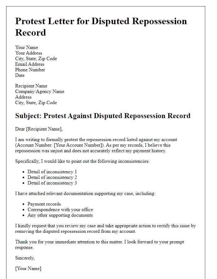 Letter template of protest for disputed repossession record