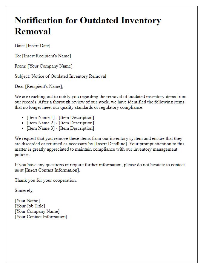 Letter template of notification for outdated inventory removal