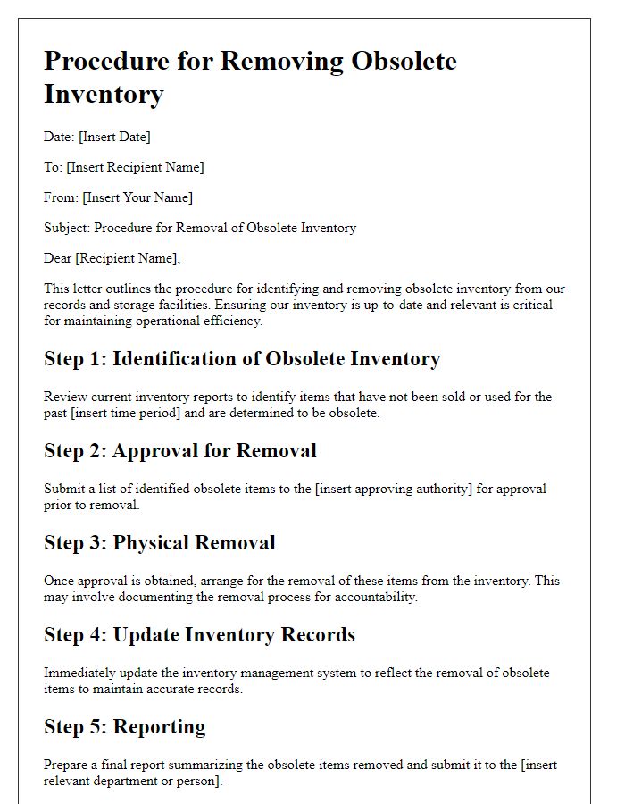 Letter template of procedure for removing obsolete inventory