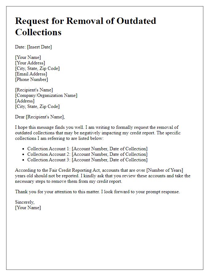 Letter template of request for removal of outdated collections