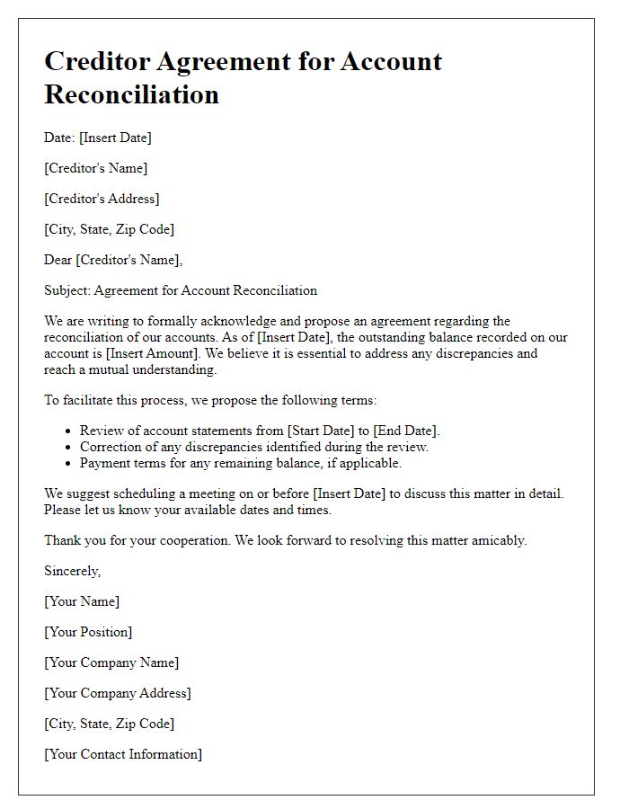 Letter template of creditor agreement for account reconciliation.