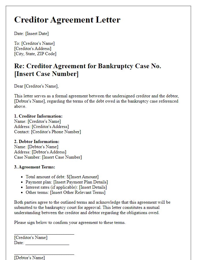 Letter template of creditor agreement for bankruptcy court submission.