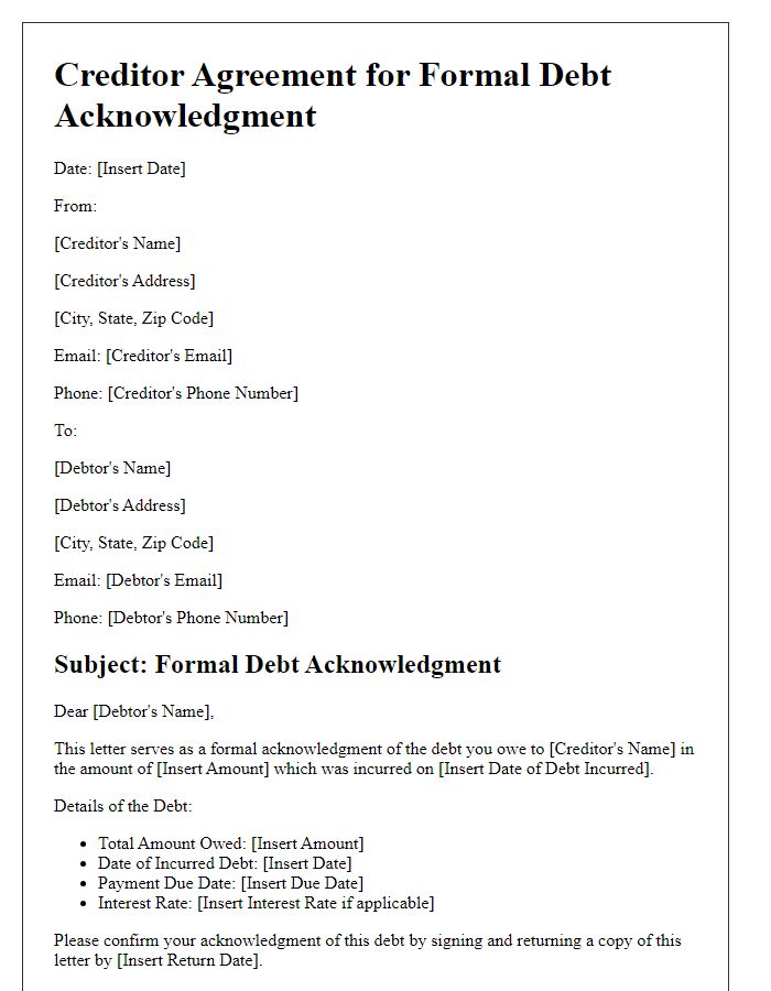 Letter template of creditor agreement for formal debt acknowledgment.