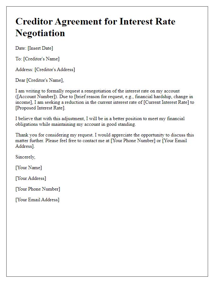 Letter template of creditor agreement for interest rate negotiation.