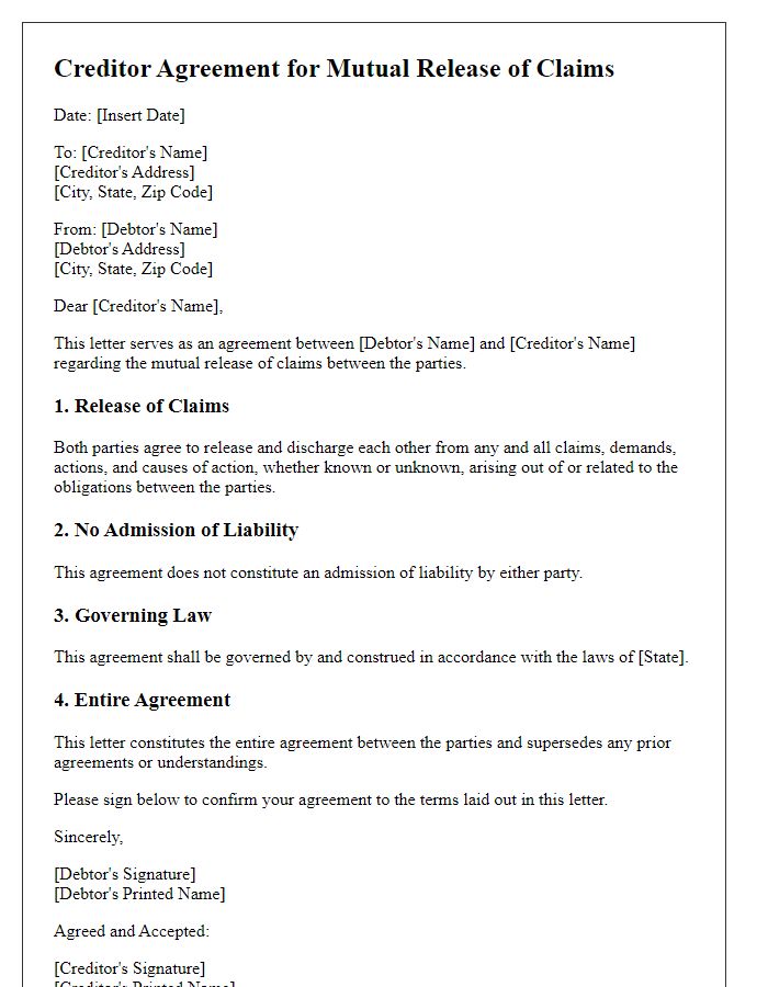 Letter template of creditor agreement for mutual release of claims.