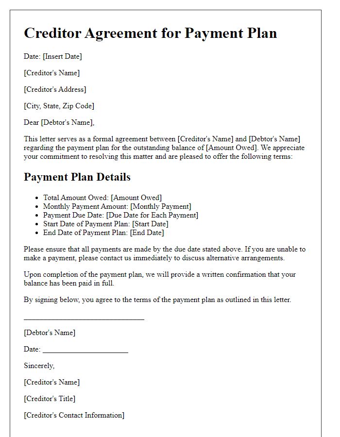 Letter template of creditor agreement for payment plan agreement.